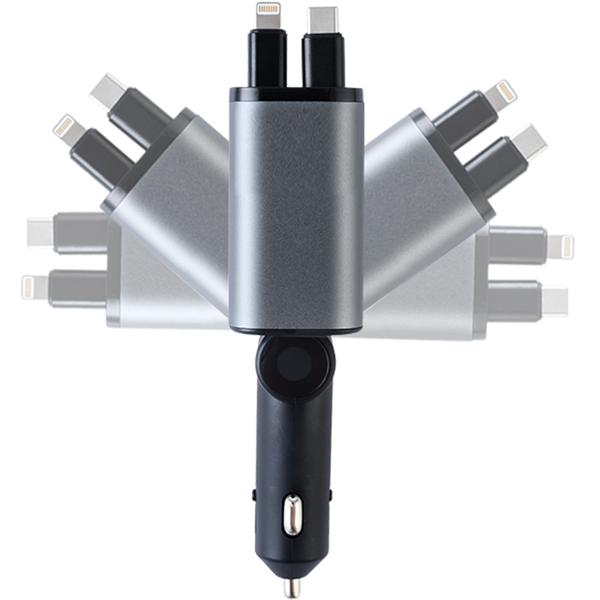 4in1 KFZ-Ladegerät 69W - PD 3.0 Schnellladen - Aufrollbares USB-C & Lightning Kabel 80cm - 2 Zusatz-Ports - 12V-24V Aluminium-Gehäuse