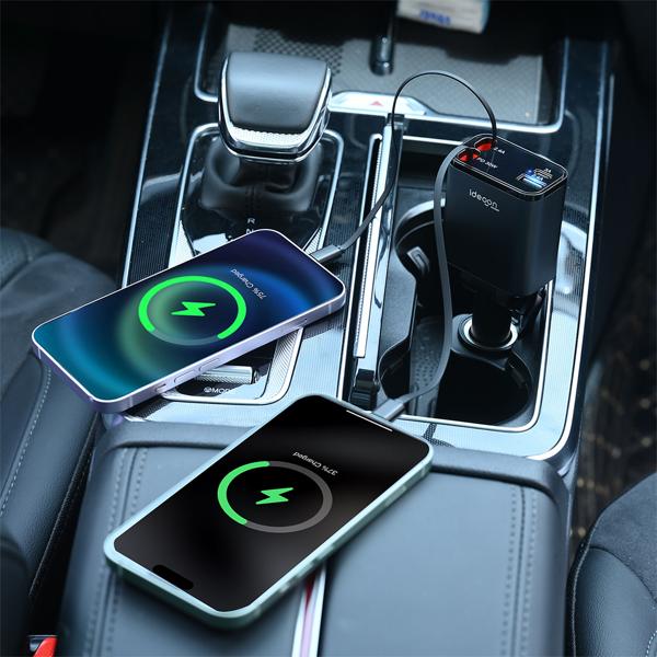 4in1 KFZ-Ladegerät 69W - PD 3.0 Schnellladen - Aufrollbares USB-C & Lightning Kabel 80cm - 2 Zusatz-Ports - 12V-24V Aluminium-Gehäuse