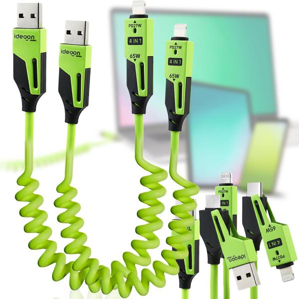 2er-Set 4in1 Spiralladekabel 65W, USB-C auf USB-C mit Adaptern für USB-A & Lightning - Multi Ladekabel für alle Smartphones und Laptops