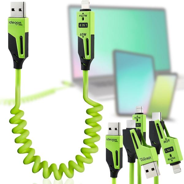 4er-Set 4in1 Spiralladekabel 65W, USB-C auf USB-C mit Adaptern für USB-A & Lightning - Multi Ladekabel für alle Smartphones und Laptops