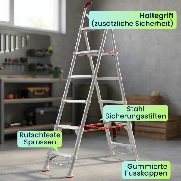 Robuste 6-stufige Teleskop-Doppeltrittleiter: Eine stabile Stehleiter klappbar für Profis & Heimwerker, Haushaltsleiter bis 6 Stufen