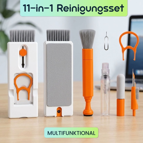 11-in-1 Reinigungsset für Tastatur, Smartphone & Kopfhörer – Multifunktionelles Reinigungs-Set mit Metallspitze, Bürsten & Linsen Reiniger
