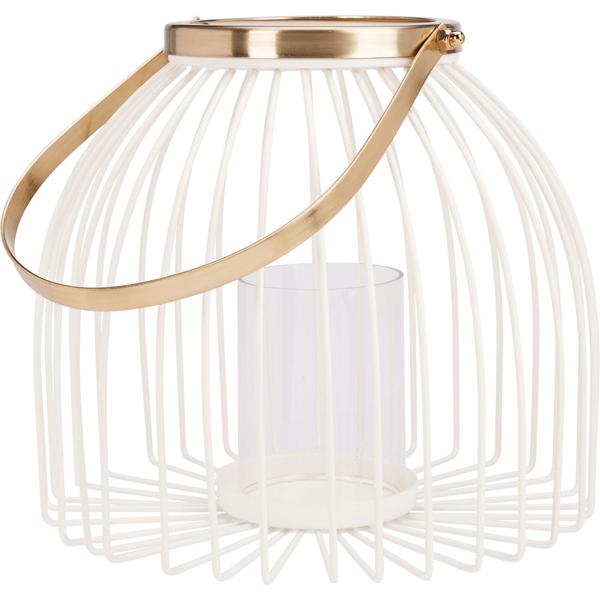 Metall-Windlicht mit Glaseinsatz - Stimmungsvolles Licht für Balkon, Garten & Tisch - Weiss-Gold Design, Ø 22 x 19,5 cm - Inkl. Henkel & Schattenspiel