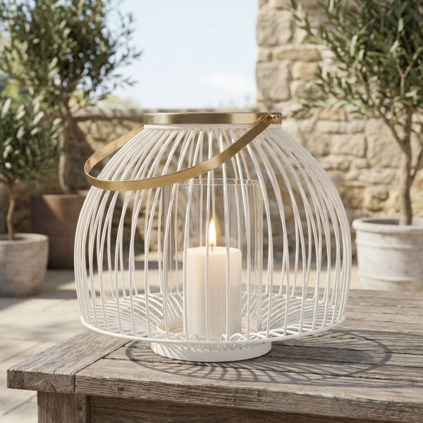 Grosses Windlicht aus Metall in Weiss-Gold 28 x 23cm- Elegante Laterne für eine stimmungsvolle & motivierende Atmosphäre im Garten, Balkon & Terrasse