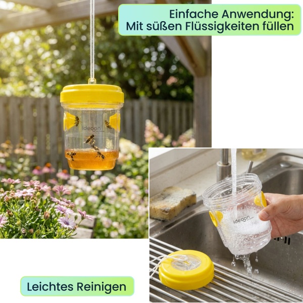 Wespenfalle & Fliegenfalle 2er-Set zum Aufhängen oder Hinstellen, Giftfreie Insektenfalle Gelb, Wiederbefüllbar & Effektiv für Garten und Balkon