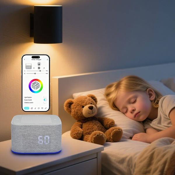 White Noise Wecker mit 32 Geräuschen – Bluetooth Lautsprecher & App-Steuerung, RGB Nachtlicht dimmbar, perfekter Schlaf/Entspannung