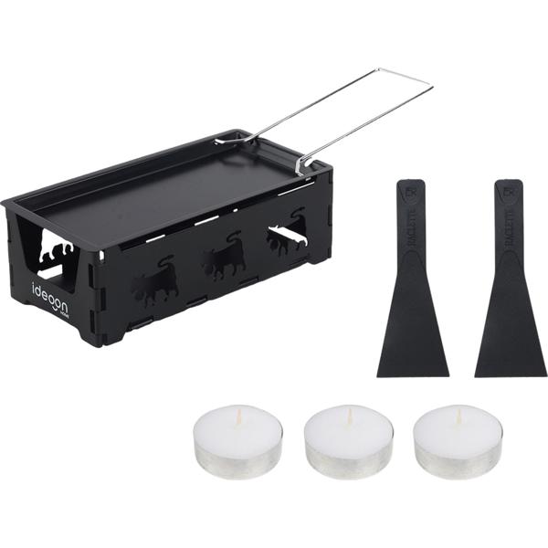 3er-Set Faltbares Raclette-Teelicht für 1-2 Personen, Raclette Set ohne Strom inkl. Teelichtern und Schaber, Metall mit originell ausgestanzten Kühen, antihaftbeschichtet