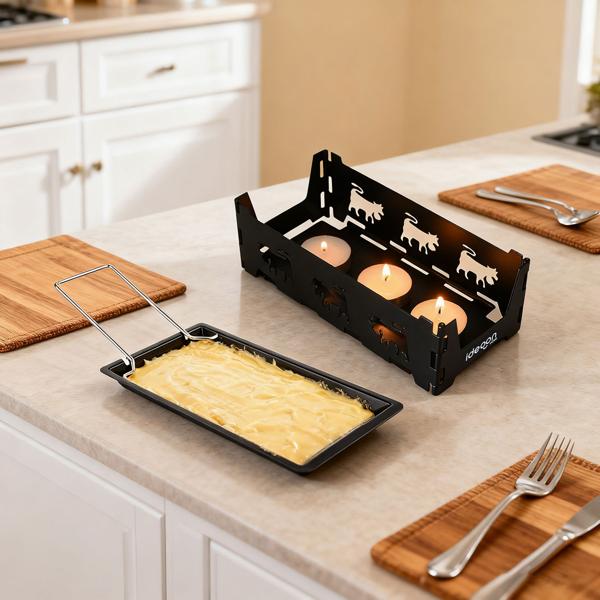3er-Set Faltbares Raclette-Teelicht für 1-2 Personen, Raclette Set ohne Strom inkl. Teelichtern und Schaber, Metall mit originell ausgestanzten Kühen, antihaftbeschichtet
