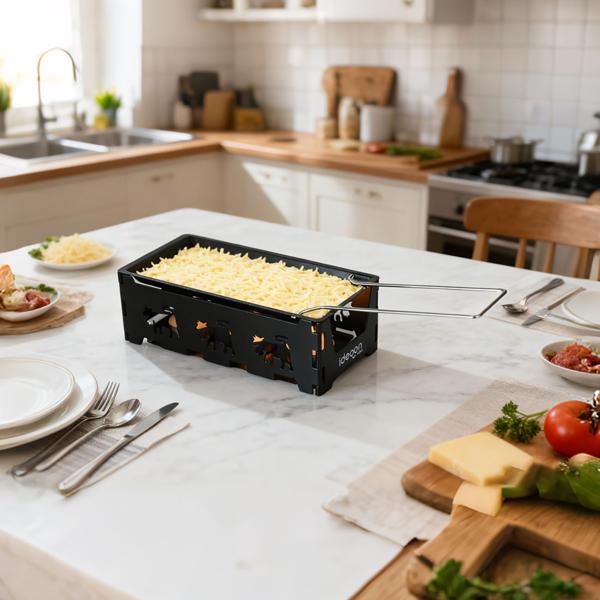 3er-Set Faltbares Raclette-Teelicht für 1-2 Personen, Raclette Set ohne Strom inkl. Teelichtern und Schaber, Metall mit originell ausgestanzten Kühen, antihaftbeschichtet
