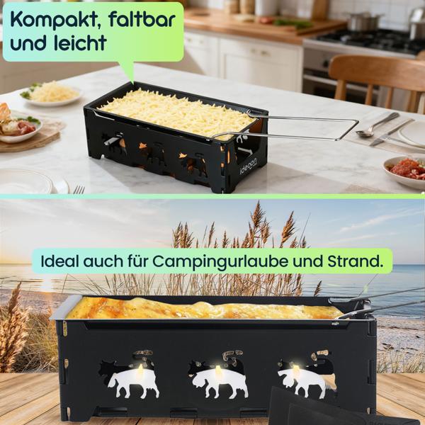 Faltbares Raclette-Teelicht für 1 -2 Personen, Raclette Set ohne Strom inkl. Teelichtern und Schaber, Metall mit originell ausgestanzten Kühen, antihaftbeschichtet