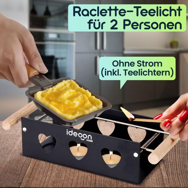 Raclette-Teelicht für 2 Personen, Raclette Set ohne Strom inkl. Teelichtern und Schaber, Metall, ideal für Balkon, Camping & unterwegs