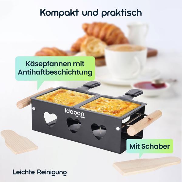 Raclette-Teelicht für 2 Personen, Raclette Set ohne Strom inkl. Teelichtern und Schaber, Metall, ideal für Balkon, Camping & unterwegs
