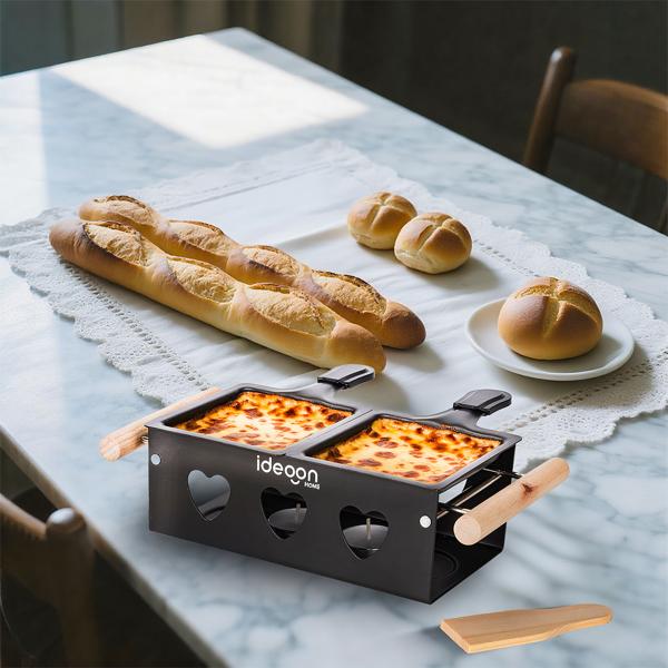Raclette-Teelicht für 2 Personen, Raclette Set ohne Strom inkl. Teelichtern und Schaber, Metall, ideal für Balkon, Camping & unterwegs