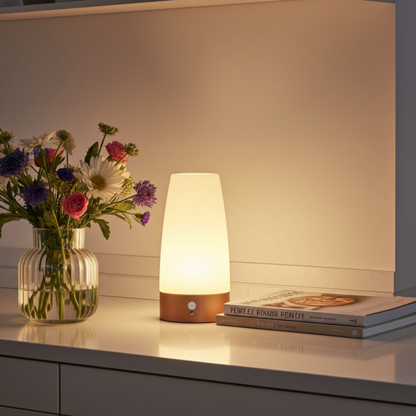 Elegante LED-Tischlampe mit Bewegungsmelder – Kabellose Flurleuchte mit warmweissem Licht – Ideal als Nachtlicht im Schlafzimmer