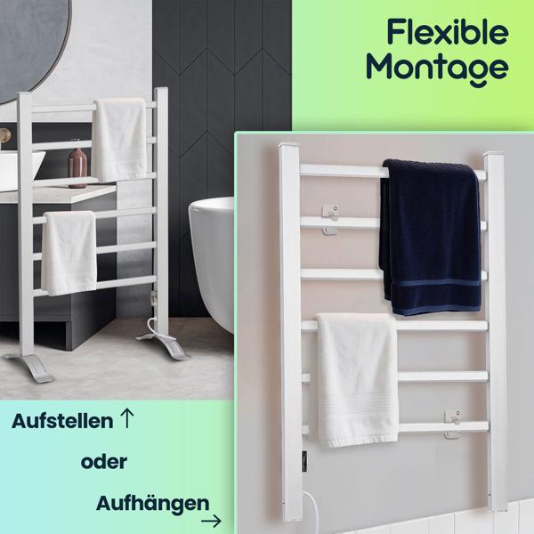 Elektrischer Handtuchwärmer 105 Watt, zum Aufstellen und Aufhängen - freistehend & wandmontierbar - Schnelle Trocknung & warme Handtücher