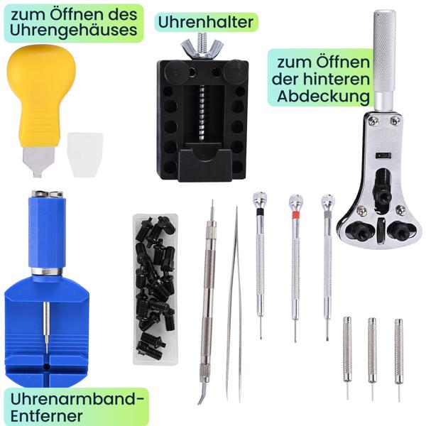 Umfassendes 13-teiliges Uhren Reparatur Set – Professioneller Uhrmacher Werkzeugkoffer für Armband kürzen, Batteriewechsel & mehr