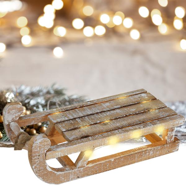 Dekorativer Rustikaler Leuchtschlitten aus Holz mit 25 warmweissen LEDs und Timer-Funktion. Für festliche Deko, Weihnachten & gemütliche Winterabende