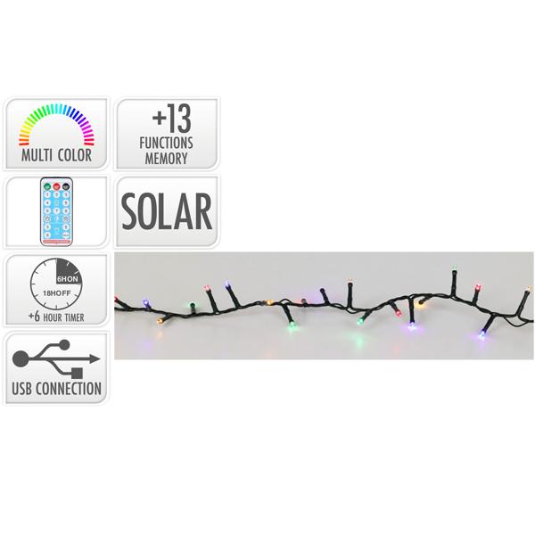 Helle Solar Lichterkette mit 480 mehrfarbigen LEDs, 21m & 40 Stunden Leuchtdauer, USB-Aufladung, 13 Funktionen, inkl. Fernbedienung - für Innen & Aussen
