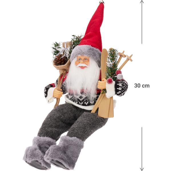 Weihnachtsmann sitzend mit Tasche & Skiern, grau/rot - Weihnachtsdeko für Fensterbank, Kamin & Adventszeit - ein Blickfang für Ihr festliches Zuhause
