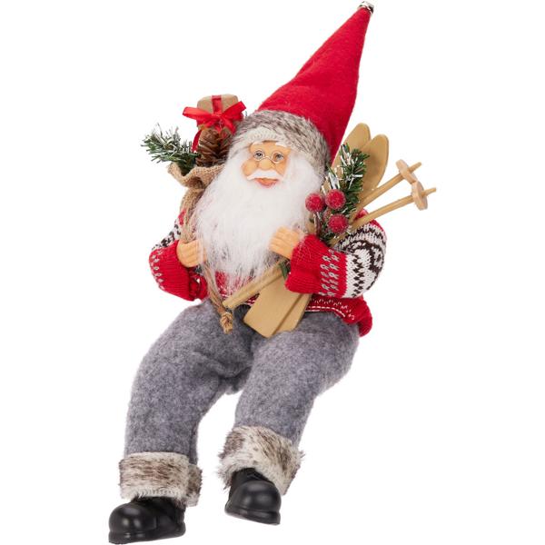 Sitzender Weihnachtsmann mit Skiern & Tasche für ein festliches Heim, grau/rot - Weihnachtsdeko für eine besinnliche Adventszeit, Kamin & Fensterbank