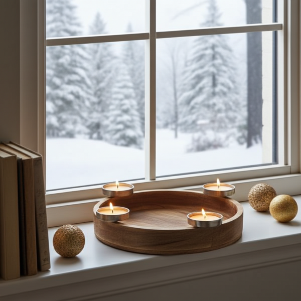 Exquisites Kerzenhalter-Tablett aus Mangoholz. Kerzenhalter-Ring für 4 Teelichter - Perfekt für Stilvolle Tischdeko, Adventskranz oder gemütliche Abende