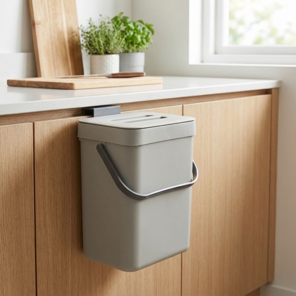 Abfalleimer 3L mit Haken für Küchenschranktür - Platzsparende Müllentsorgung Biomüll - Robustes Polypropylen Grau 15,5x12x20,5 cm