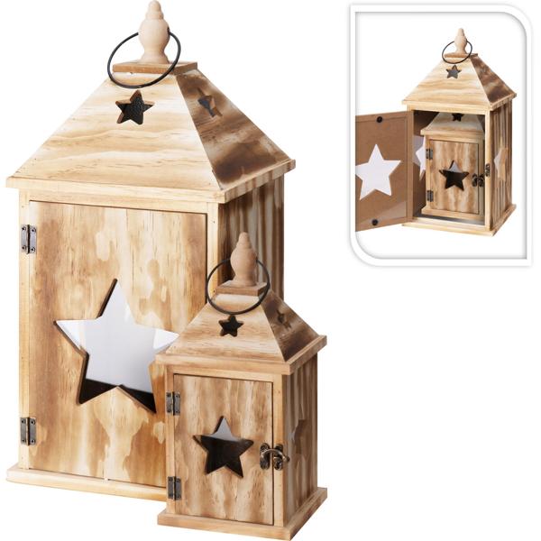 2er-Set Rustikale Laternen mit Stern - 2 Grössen, Deko-Kerzenlaternen für Haus und Garten, Weihnachten, Landhaus Stil - Natur Finish