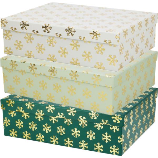 Festliches Geschenkboxen-Set: 3 Boxen für Weihnachten mit eleganten Schneeflocken, je 36,2 x 29,5 x 11 cm - Ideal für Geschenke und Deko