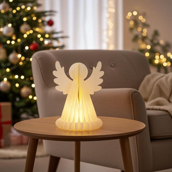 Zauberhafter LED Engel Wabenpapier mit 6h Timer, 38cm – Nachtlicht für Schlafzimmer oder Wohnzimmer. Perfekt für Weihnachten