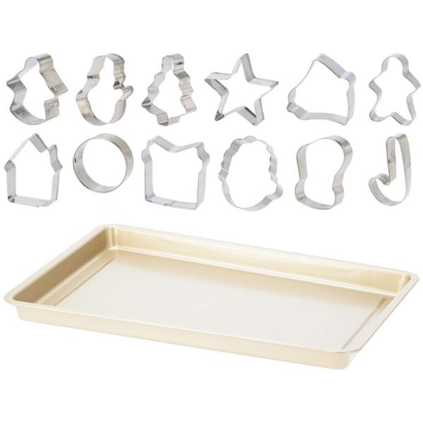 Hochwertiges Backset für Weihnachten, 13-tlg. Robustes PTFE Stahl Backblech und 12er-Set Edelstahl Keksausstecher - Ideal für prazise Backideen