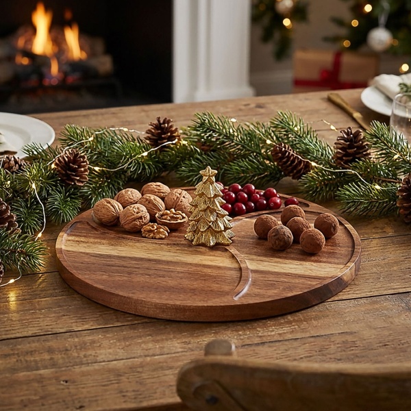 Elegantes Akazienholz Serviertablett, mit goldenen Weihnachtsbaum & 3 Fächern - Deko Snack Platte, Obstschale, ideal als Geschenk