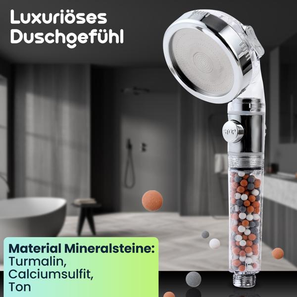 Innovativer Wasserspar-Duschkopf mit Filter & 3 Strahlarten für weniger Verbrauch & mehr Genuss - mit Mineralsteinen für ein luxuriöses Duscherlebnis