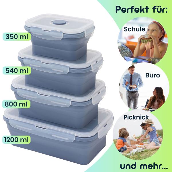4er-Set Silikon-Frischhaltedosen - Zusammenklappbare & faltbare Lunchbox, Bento Box, BPA-frei, mikrowellengeeignet, mit Clip-Verschluss Deckeln