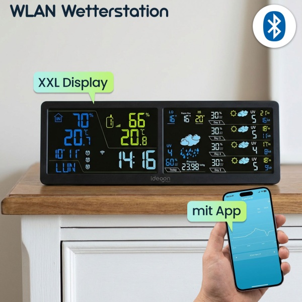 WLAN Wetterstation mit App & XXL Display: Tuya Smart Home, Aussen-Sensor, Weck-Alarm - Temperatur, Feuchtigkeit, UV Index, Wettervorhersage & mehr