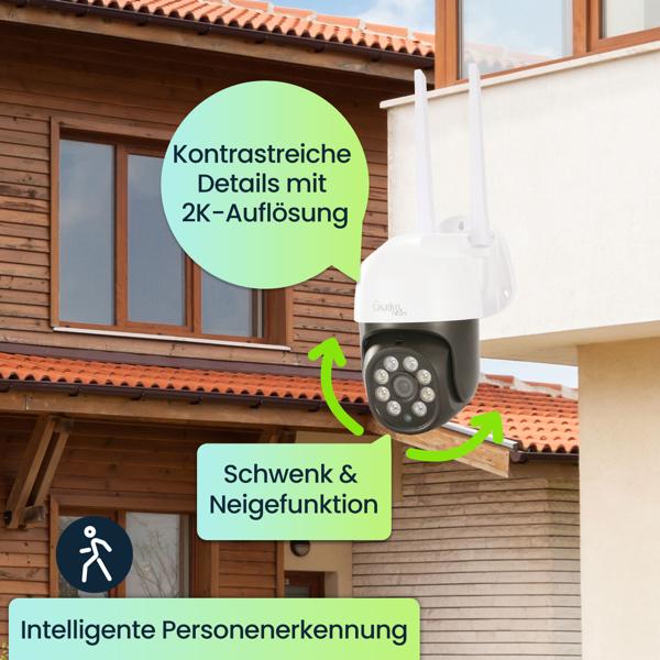 2er-Set WLAN Outdoor Überwachungskamera 2K: IP66, Pan-Tilt: Volle Kontrolle & brillante Überwachung für Ihr Zuhause – Tag & Nacht
