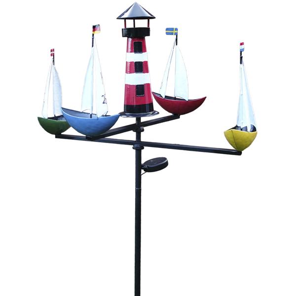 Schiffskarussell mit Solar-Beleuchtung - Maritimes Windspiel für Garten & Balkon - Wetterfest, 175cm hoch, Metall, LED-Licht, Kugellager, stabiler Standfuss