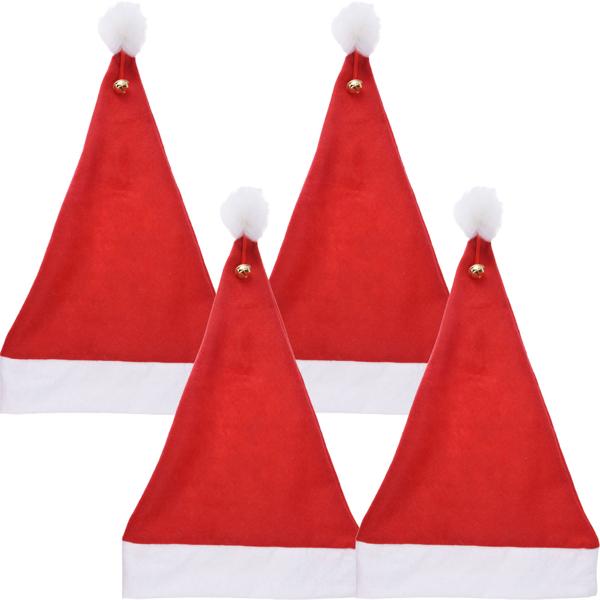 4er-Set Festliche Weihnachtsmann Mütze mit Pompon und Glocke - ideal für Feiern, Kostüme und die perfekte festliche Stimmung
