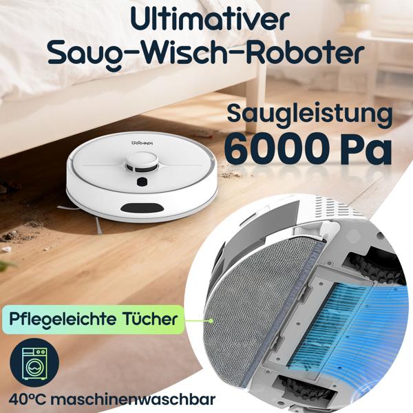 Ultimativer Saug-Wisch-Roboter 6000 Pa mit 2-in-1 Wischfunktion, Li-Ionen-Akku, Laser-Navigation - Smart-Home WLAN Saugwischer 