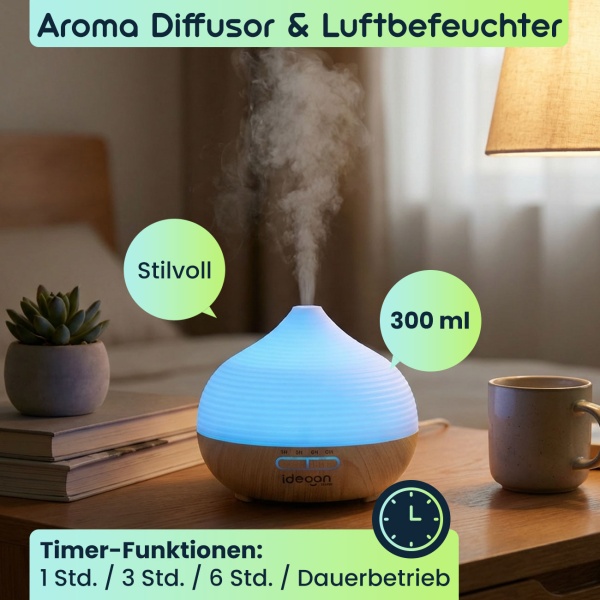 Stilvoller Aroma Diffusor & Luftbefeuchter, 300ml Vernebler mit RGB Farblicht und Timer - Perfekt für Zuhause & Büro
