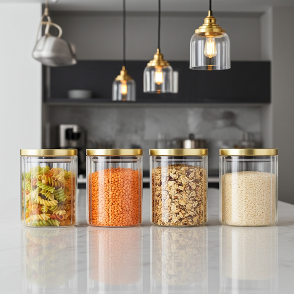 4er-Set Vorratsbehälter aus robustem Borosilikatglas mit Streifen-Effekt und stilvollem Deckel. Perfekt für Kaffee, Müsli & Gewürze - 750ml