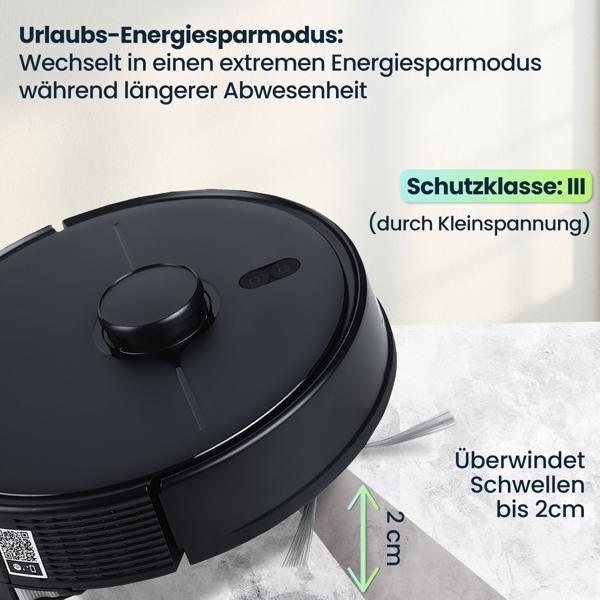 Ultimativer Saug-Wisch-Roboter 6000 Pa mit 2-in-1 Wischfunktion, schwarz - Li-Ionen-Akku, Laser-Navigation - Smart-Home WLAN Saugwischer 