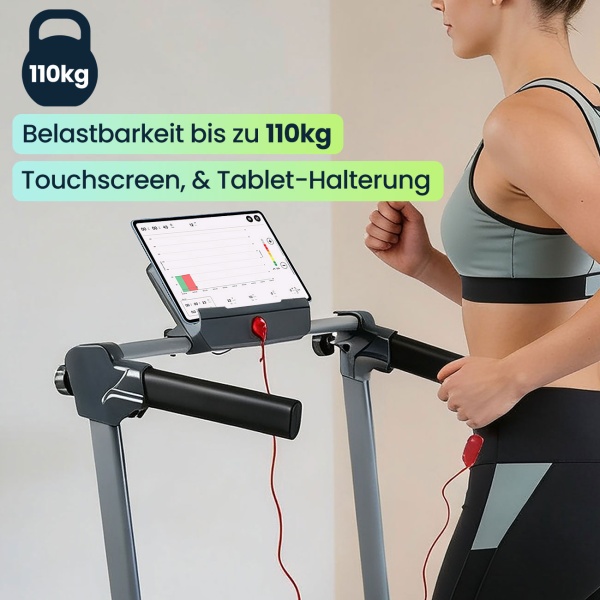 2 in 1 Laufband & Walkingpad bis 12km/h, faltbar, App-Steuerung, Touchscreen, Fernbedienung & Tablet-Halterung, Belastbarkeit 110kg, Profi-Heimsport