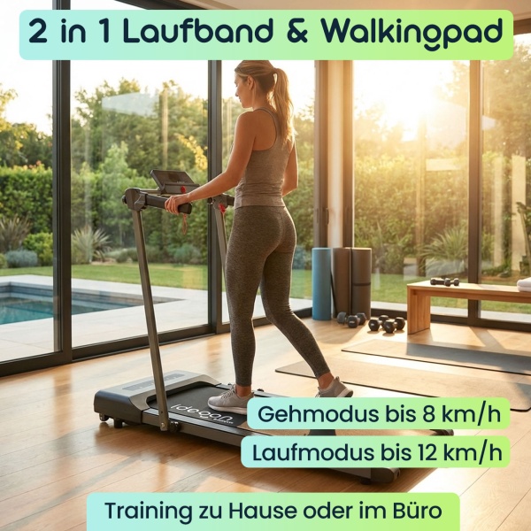2 in 1 Laufband & Walkingpad bis 12km/h, faltbar, App-Steuerung, Touchscreen, Fernbedienung & Tablet-Halterung, Belastbarkeit 110kg, Profi-Heimsport