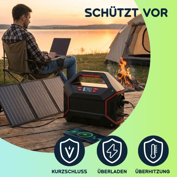 Tragbare Powerstation 155Wh 42000mAh Solar-Generator mit 230V AC Steckdose, USB-C QC 3.0, DC Output, LED-Screen & Licht für Camping Notstrom
