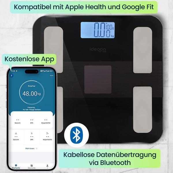 Solar-Akku Körperfettwaage aus Glas, präzise Körperanalyse, 180 kg, App & Bluetooth für Fitness-Erfolge, Kompatibel zu Google Fit & Apple Health