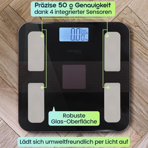 Solar-Akku Körperfettwaage aus Glas, präzise Körperanalyse, 180 kg, App & Bluetooth für Fitness-Erfolge, Kompatibel zu Google Fit & Apple Health