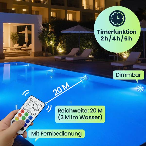 2er-Set Multicolor-LED-Unterwasserleuchte, mit Fernbedienung - Wasserdichte Pool Beleuchtung mit starken Saugnäpfen – Deko für Badewanne, Teich, Aquarium
