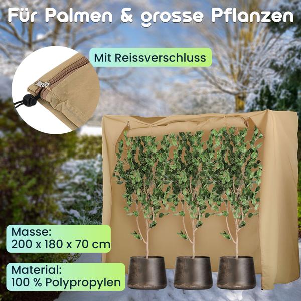 Pflanzenschutzhülle Winterschutz 200x180x70 cm für Palmen & grosse Pflanzen, Winterabdeckung mit praktischer Reissverschluss-Tür, 100g/m² Vlies