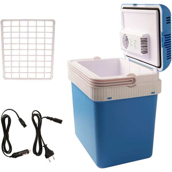 Tragbare 24 Liter Thermoelektrische Kühl- und Wärmebox, weiss-blau, 12V/230V, Leiser und Langlebiger Bürstenloser Motor, Ideale Box für unterwegs
