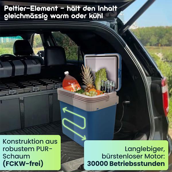 Tragbare 24 Liter Thermoelektrische Kühl- und Wärmebox, weiss-blau, 12V/230V, Leiser und Langlebiger Bürstenloser Motor, Ideale Box für unterwegs